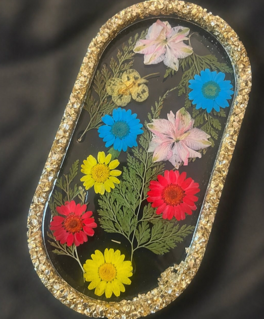 Pressed Floral Resin Tray – Gold Crystal Edge